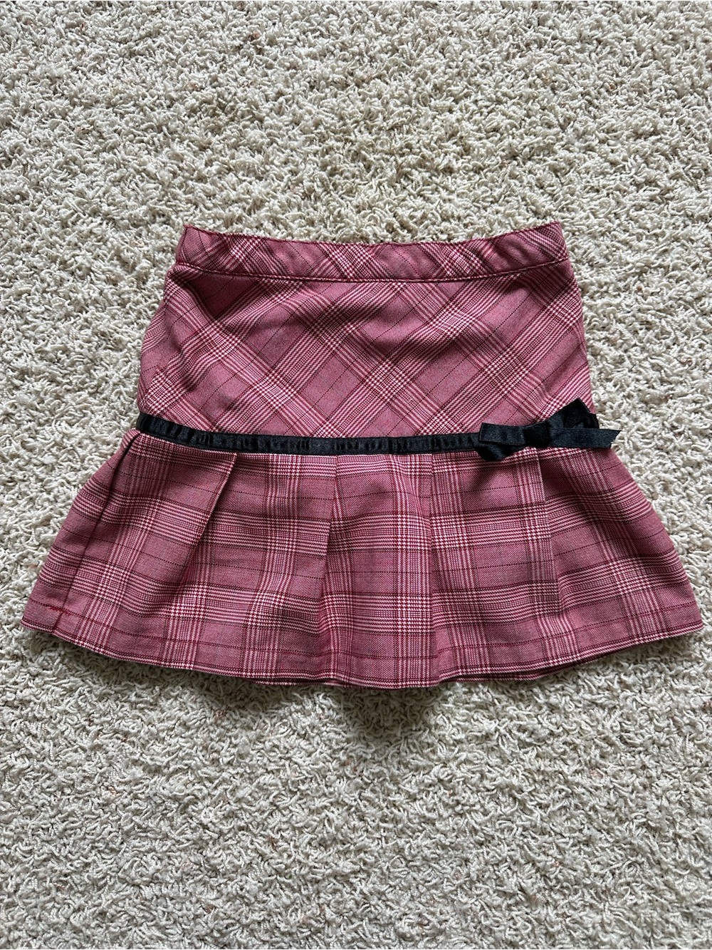 Girls Pink Plaid Pleated Skort with Black Ribbon Trim